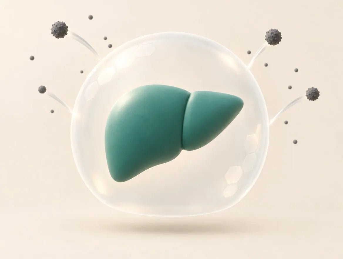 Illustration : un foie stylisé sous un dôme de verre qui repousse des particules, protégé