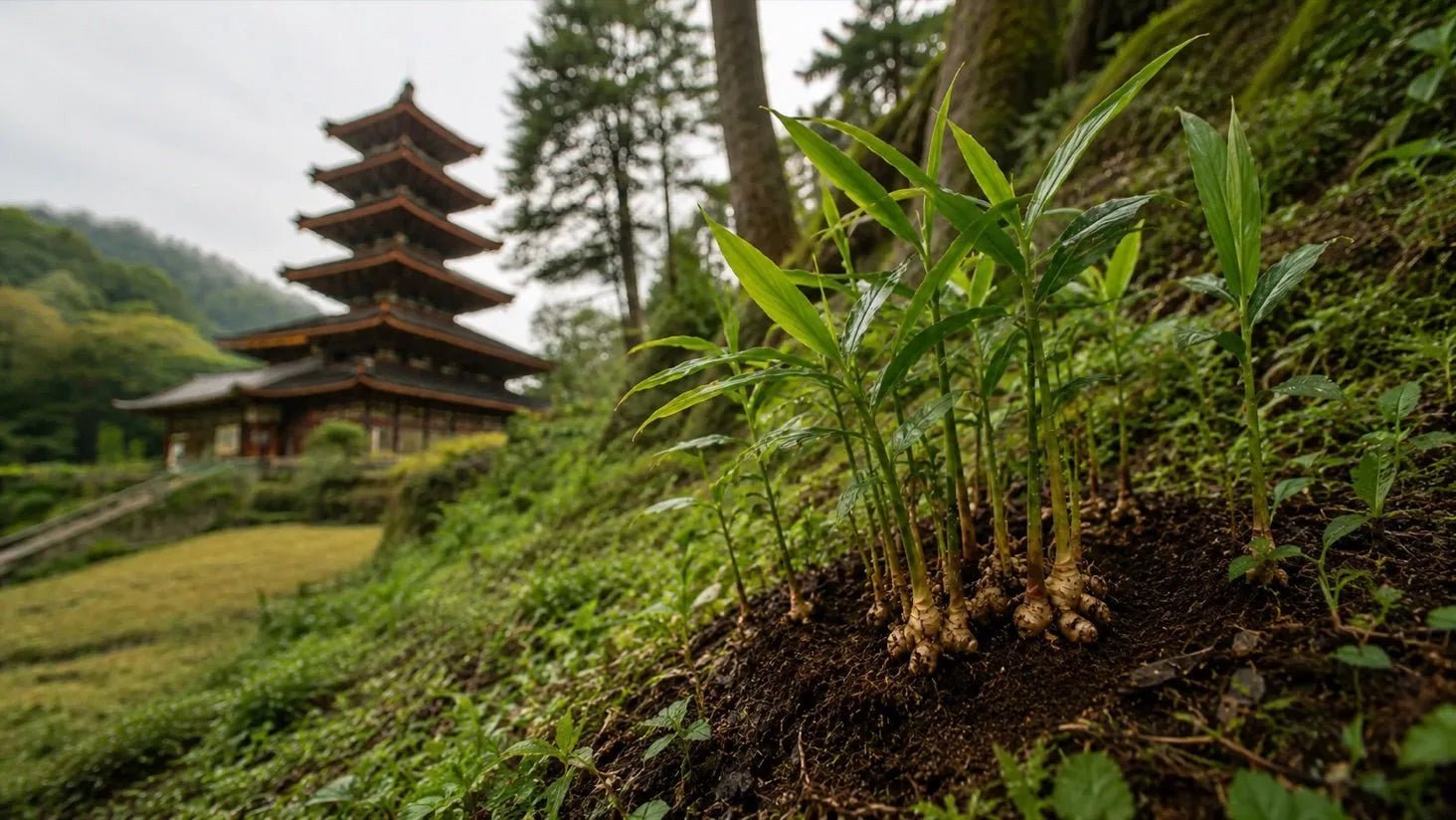 Plant de gingembre devant une pagode asiatique