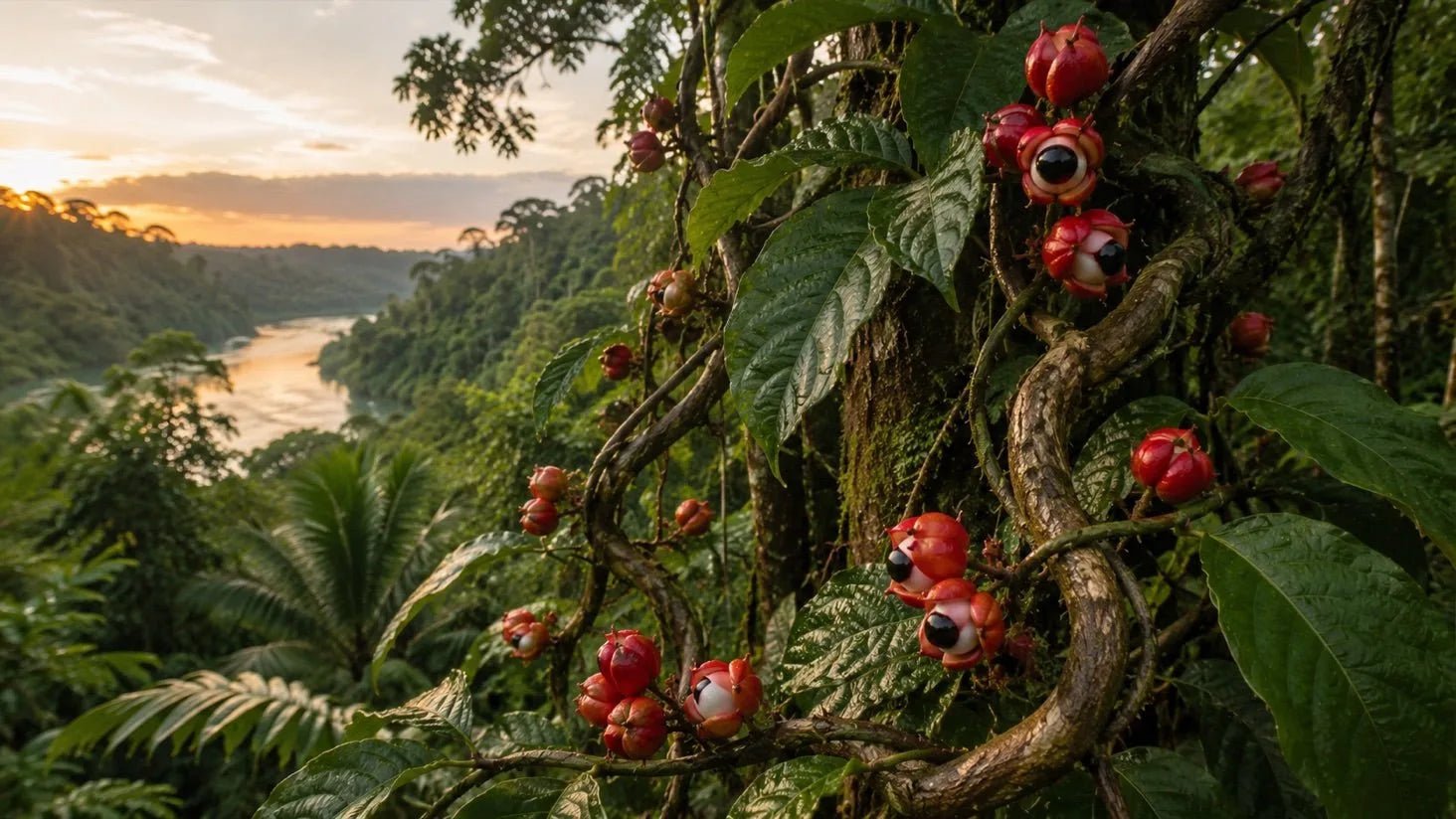 Fruits de guarana sur une liane amazonienne