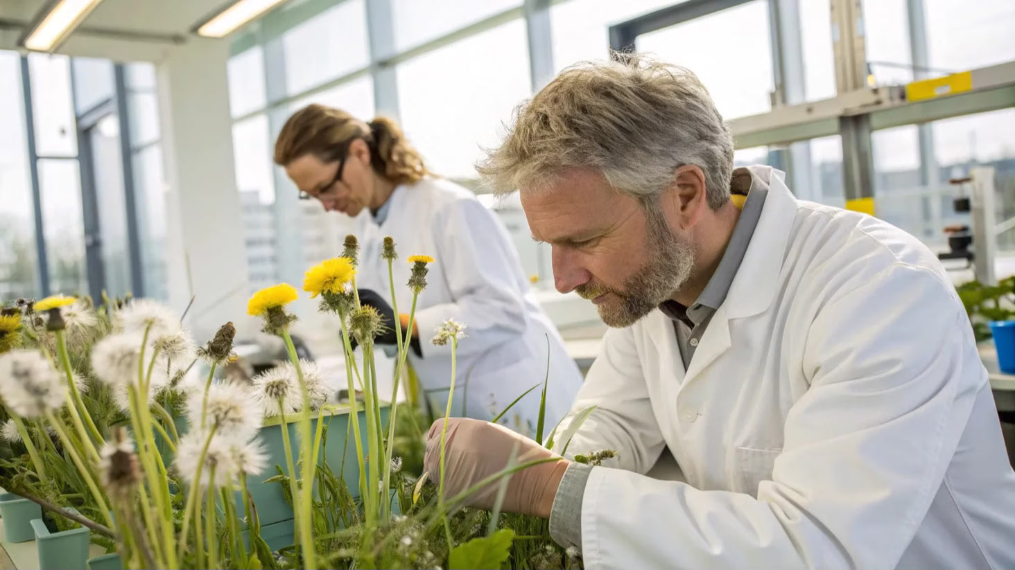 Chercheurs étudiant le pissenlit en laboratoire