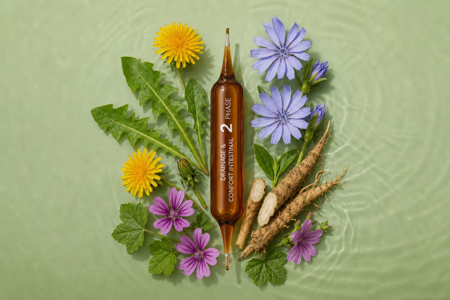 Ampoule Intégrale Détox Phase 2 entourée des 4 plantes