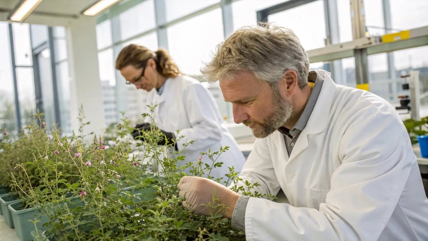 Chercheurs étudiant le desmodium en laboratoire