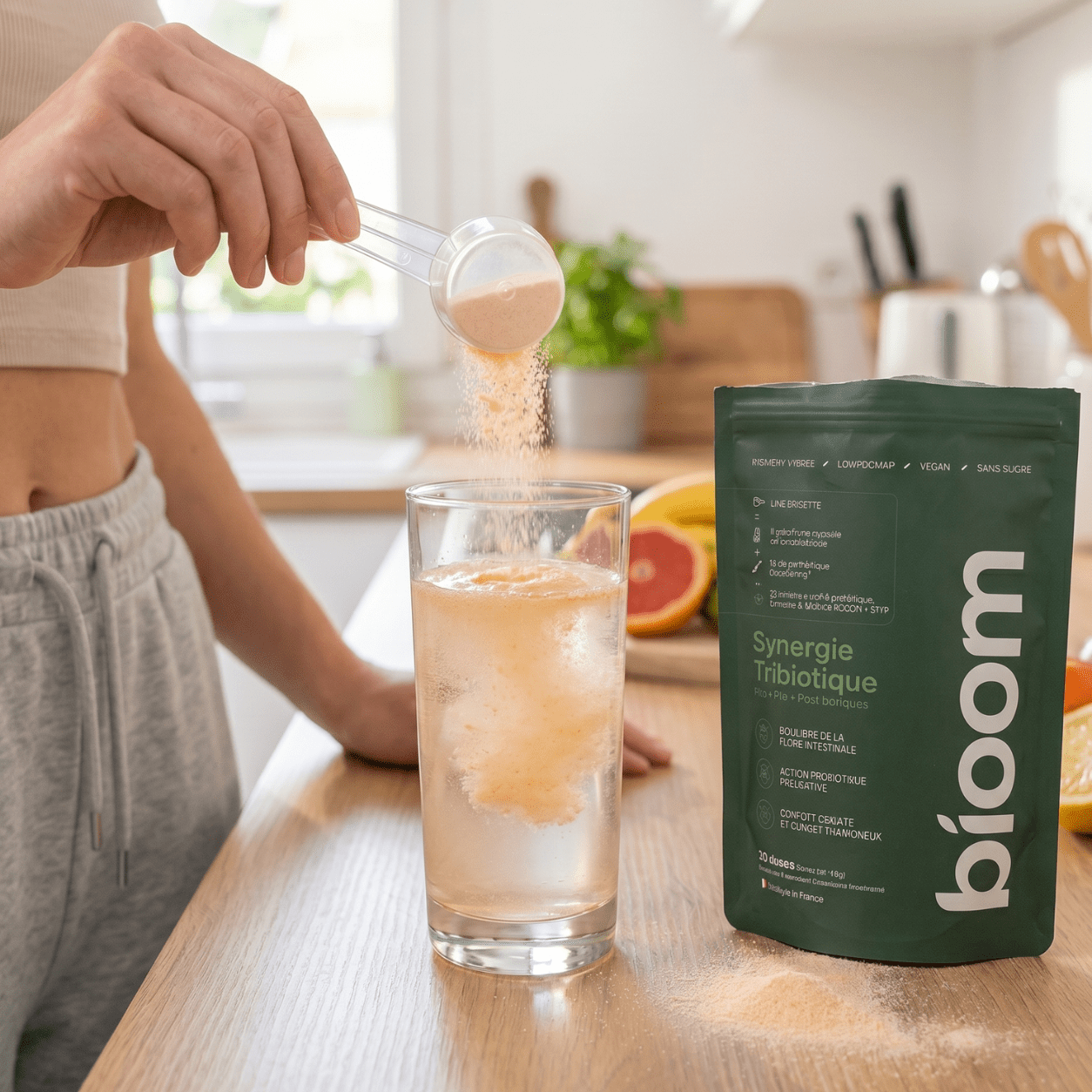 Une dose de Bioom dans un verre d'eau
