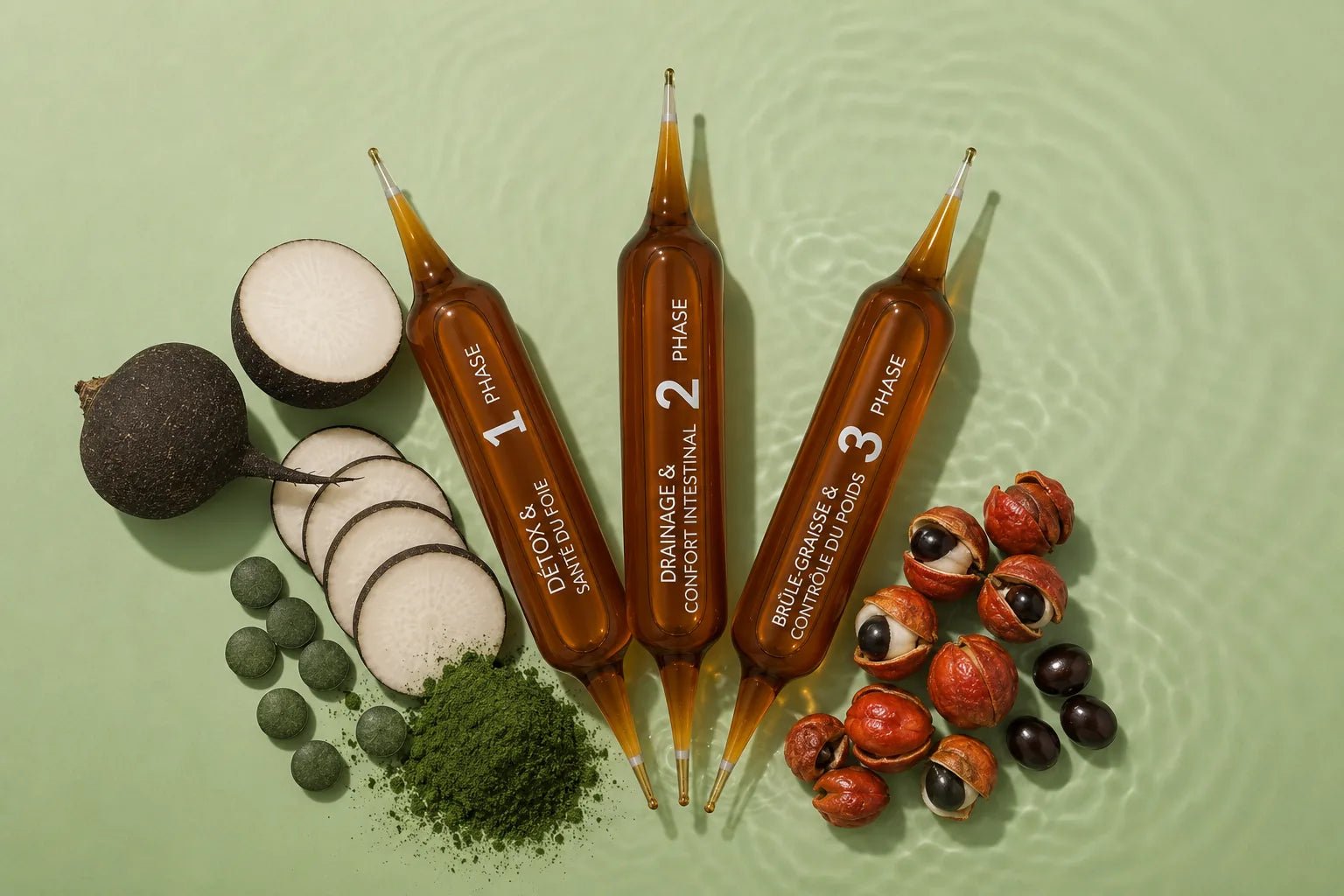 Ampoule Intégrale Détox entourée de ses ingrédients naturels