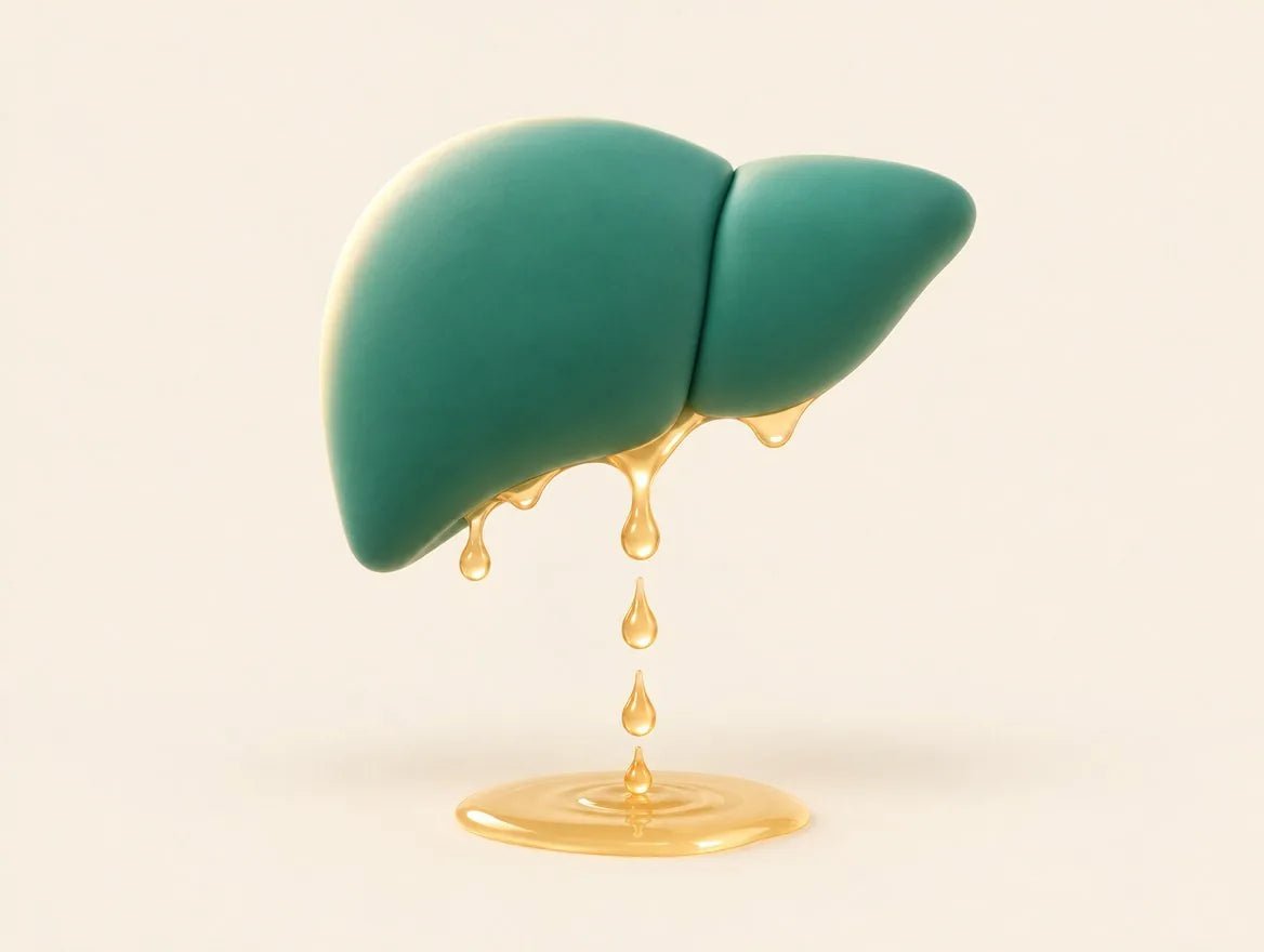Illustration : un foie stylisé dont s’écoulent des gouttes dorées, drainé