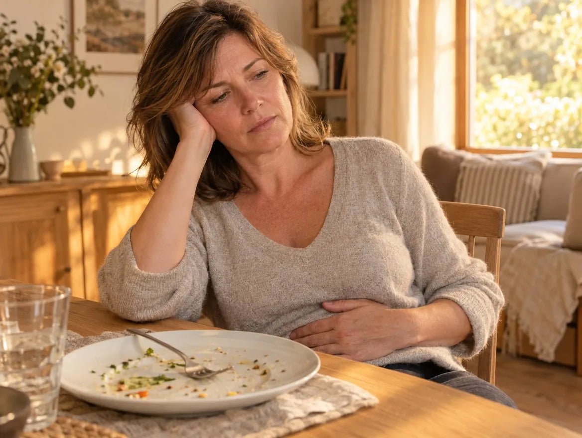 Une femme fatiguée après le déjeuner, la main sur le ventre
