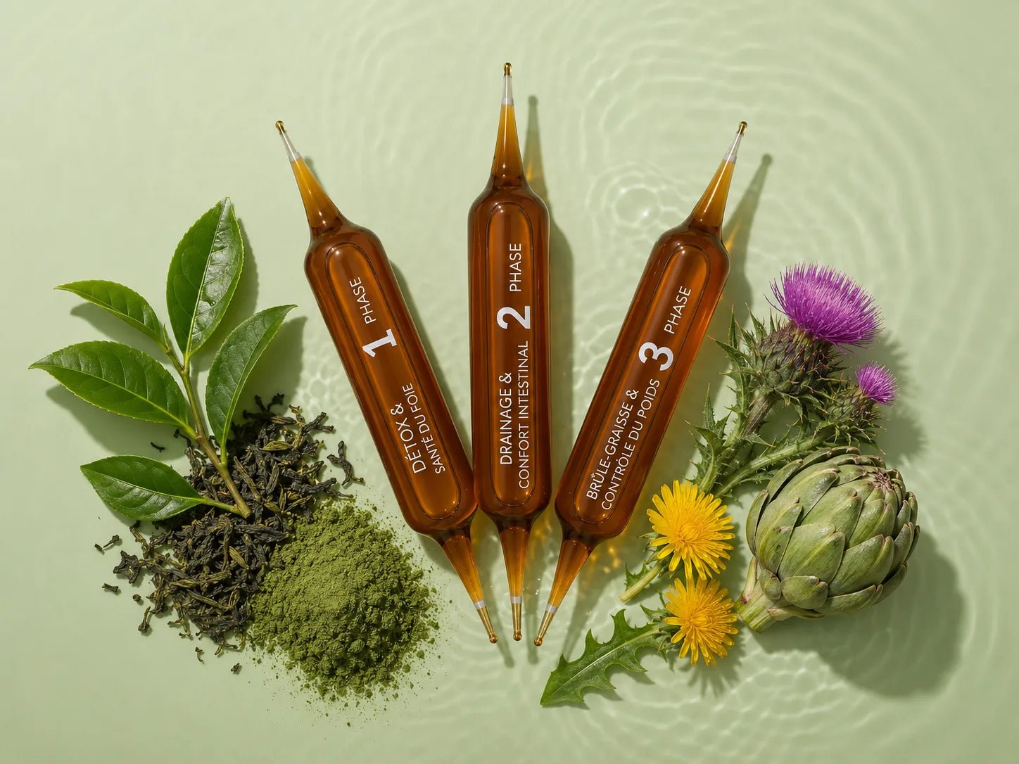 Ampoule Intégrale Détox entourée de ses ingrédients naturels