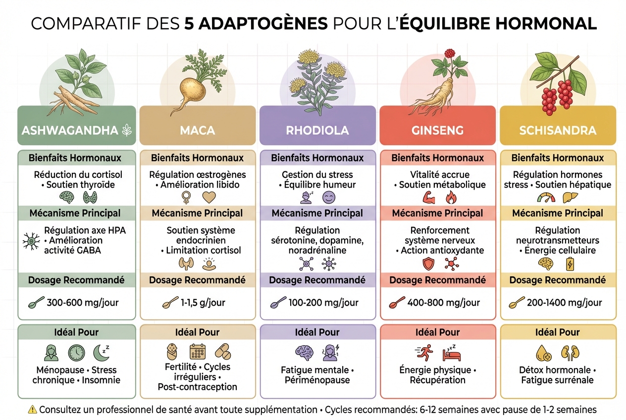 Comparaison des 5 adaptogènes pour l'équilibre hormonal